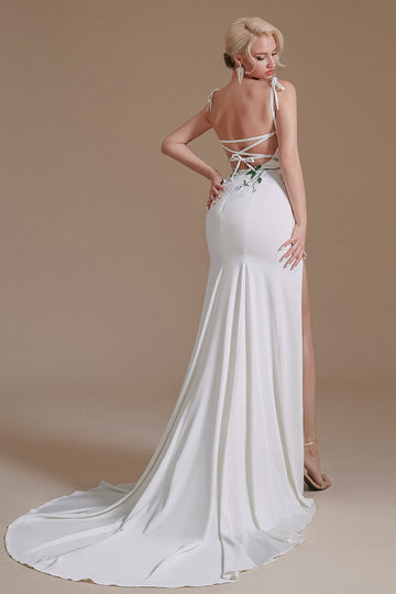 White Mermaid Backless Sweep Train Robe de mariée avec appliques